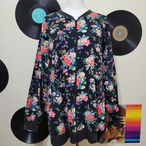 Bridge Gate | 80s Vintage Black + Multicolor Floral Cotton Bomber Jacket